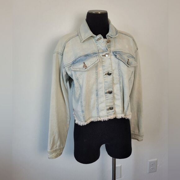 Venus Cropped Acid Wash Denim Jean Jacket Fringe Trim Grunge 90s Biker Small - Picture 10 of 14